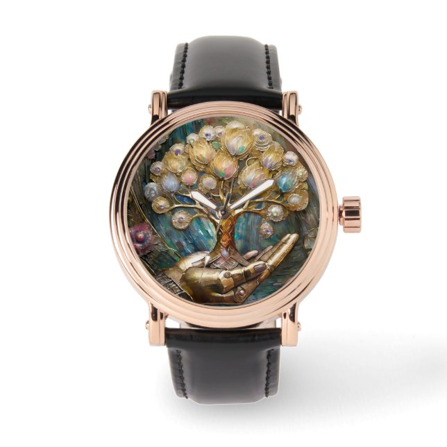 Golden Robot Hand Holding Gold Tree Of Life Watch (Front)