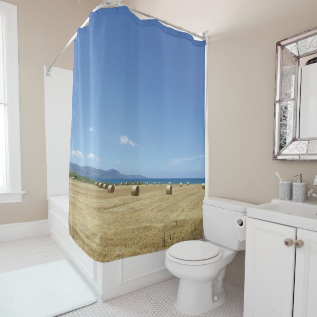 Golden Rolls of Hay and Deep Blue Sea Design Shower Curtain (In Situ)