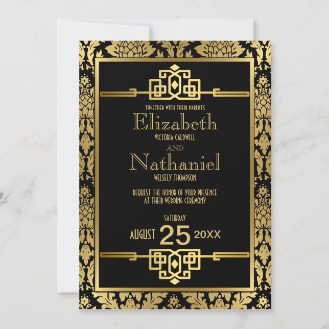 Golden Romance 1920s Art Deco Wedding Invitation (Front)