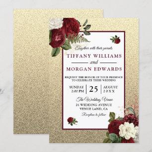 Golden Romantic Burgundy Floral Wedding Invite