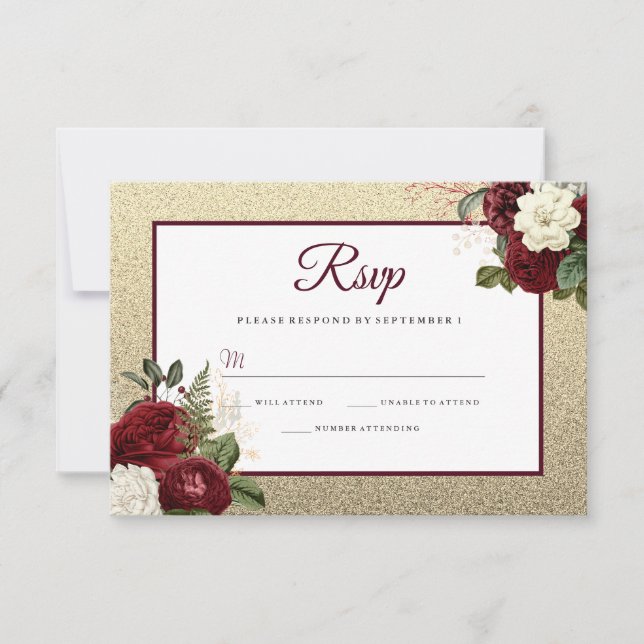 Golden Romantic Burgundy Floral Wedding RSVP Card (Front)