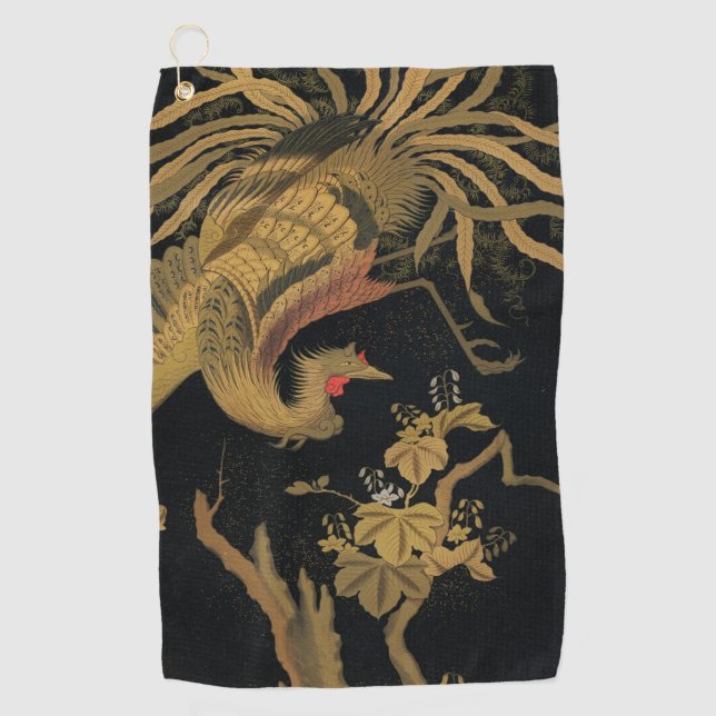 Golden Rooster Bird Japanese Classic Antique Golf Towel (Front)