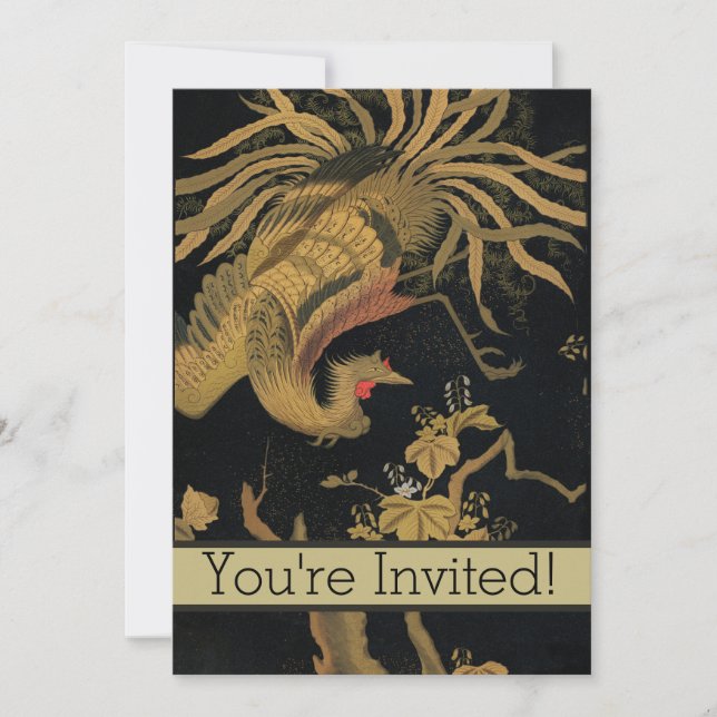 Golden Rooster Bird Japanese Classic Antique Invitation (Front)