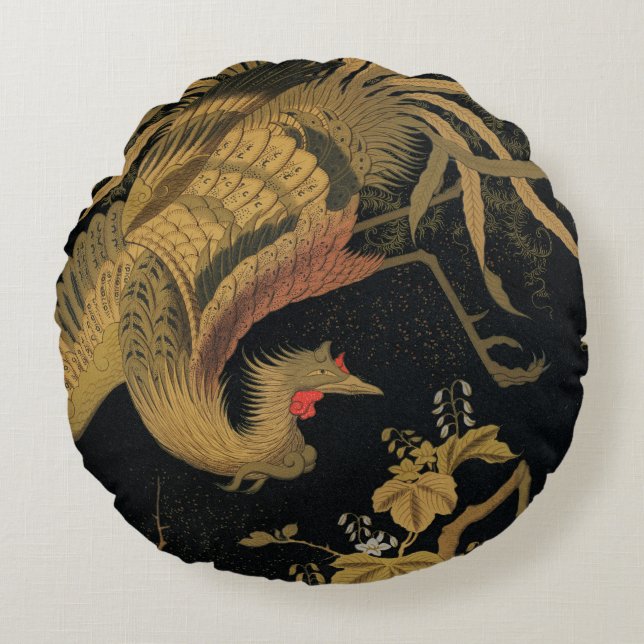 Golden Rooster Bird Japanese Classic Antique Round Cushion (Front)
