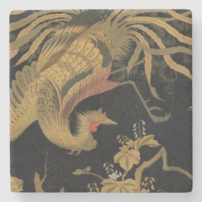 Golden Rooster Bird Japanese Classic Antique Stone Coaster (Front)