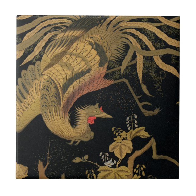 Golden Rooster Bird Japanese Classic Antique Tile (Front)