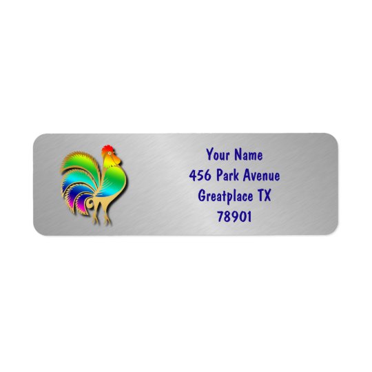 Golden Rooster Bird With Rainbow Feathers And Tail Return Address Label