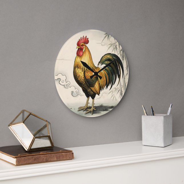 Golden rooster Japanese art Large Clock (Office)