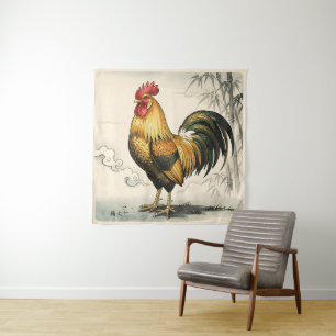 Golden rooster Japanese art Tapestry