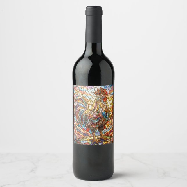 Golden Rooster of Light Crowing mosaic  Wine Label (Front)
