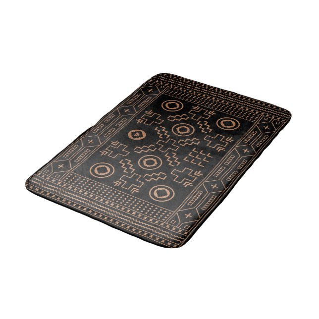 Golden Roots: Black & Tribal Moroccan Elegance Bath Mat (Angled)