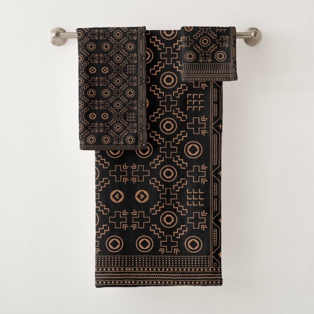 Golden Roots: Black & Tribal Moroccan Elegance Bath Towel Set (Insitu)