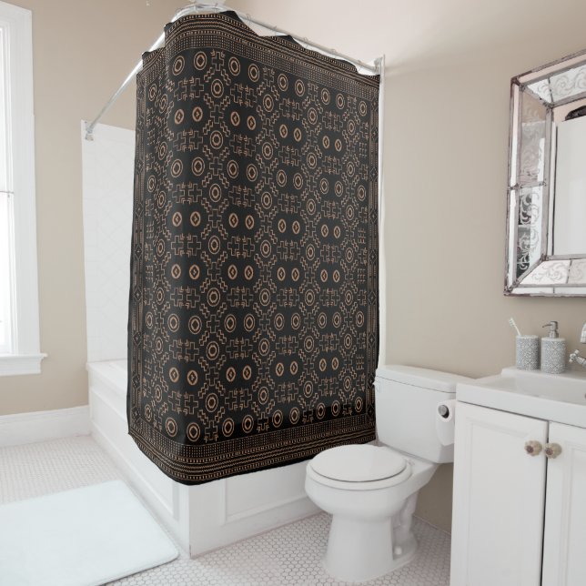 Golden Roots: Black & Tribal Moroccan Elegance Shower Curtain (In Situ)
