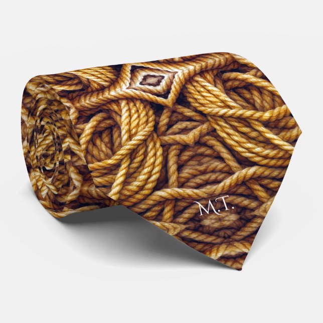 Golden Rope Texture Nautical Custom Monogram Tie (Rolled)