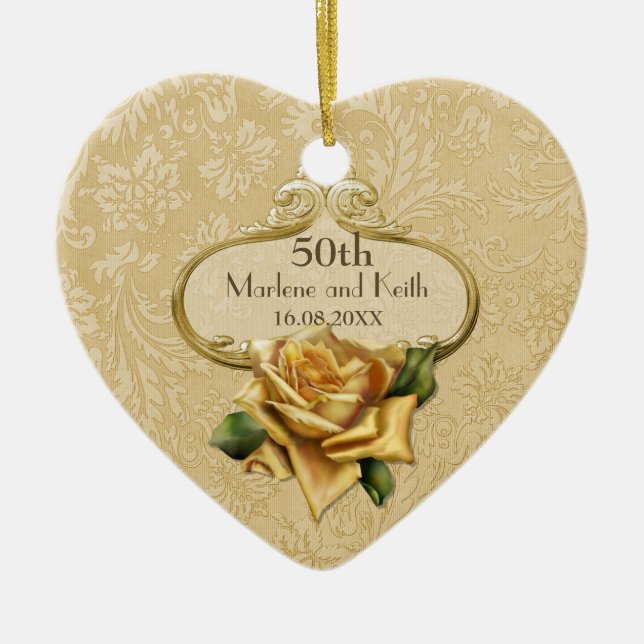 Golden Rose 50th Wedding Anniversary Ceramic Tree Decoration (Front)