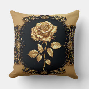 Golden Rose Artwork with Ornate Decorative Element Cushion