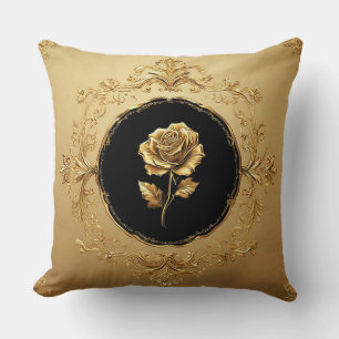 Golden Rose Artwork with Ornate Decorative Element Cushion