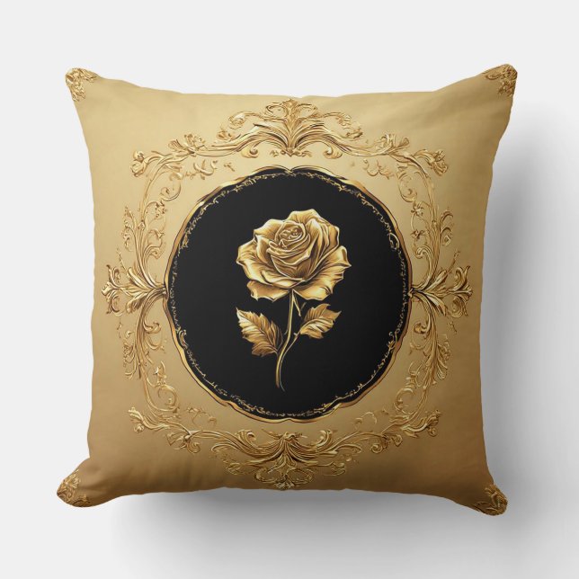 Golden Rose Artwork with Ornate Decorative Element Cushion (Front)