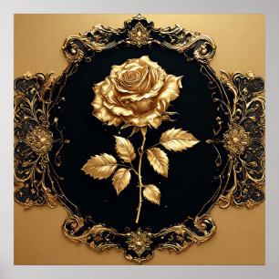 Golden Rose Artwork with Ornate Decorative Element Poster