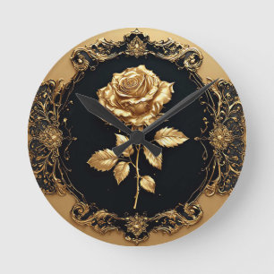 Golden Rose Artwork with Ornate Decorative Element Round Clock