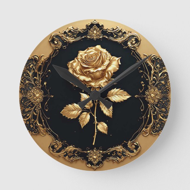Golden Rose Artwork with Ornate Decorative Element Round Clock (Front)