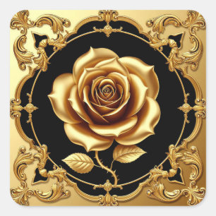 Golden Rose Artwork with Ornate Decorative Element Square Sticker