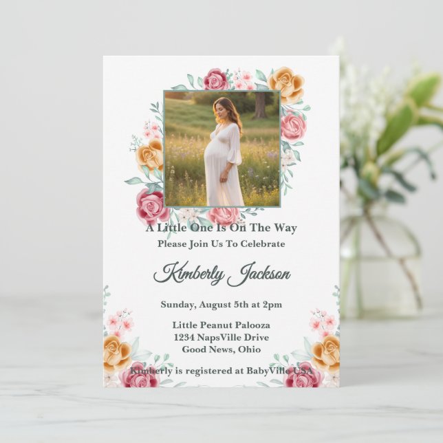 Golden Rose Baby Shower Invitation (Standing Front)