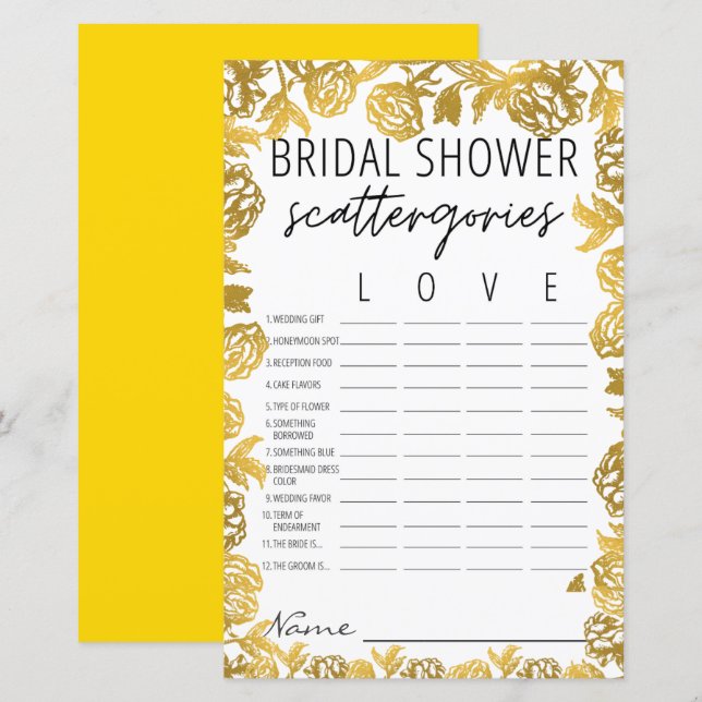 Golden Rose Bridal Shower Scattergories Game  (Front/Back)