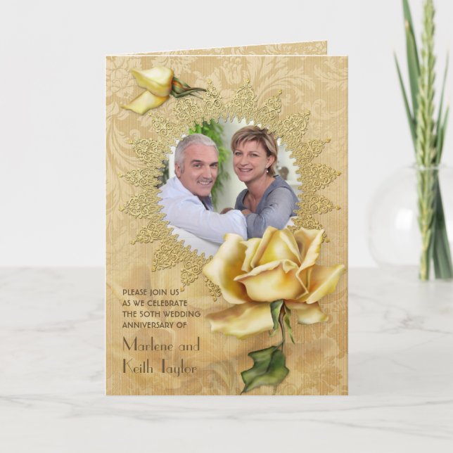 Golden Rose Damask 50th Wedding A Invitation (Front)