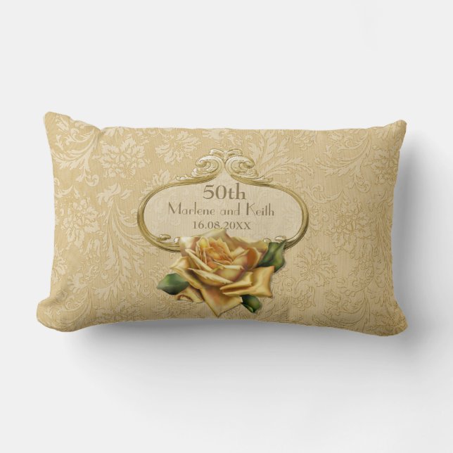 Golden Rose Damask 50th Wedding Anniversary Pillow (Front)