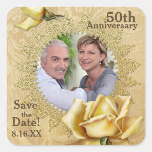 Golden Rose Damask 50th Wedding Anniversary Square Sticker