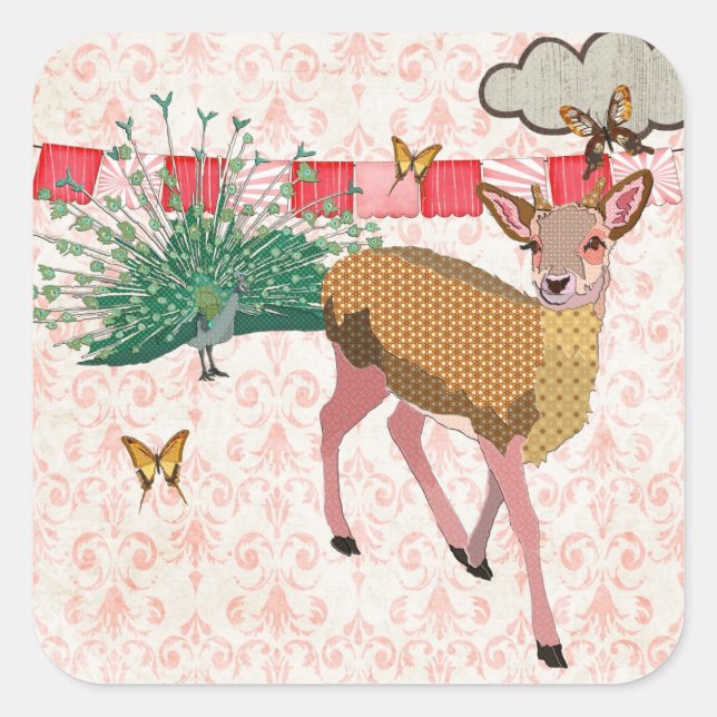 Golden Rose Deer & Peacock Pink Sticker (Front)