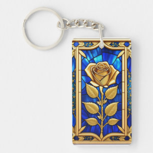 Golden Rose Design in Stained Glass Key Ring