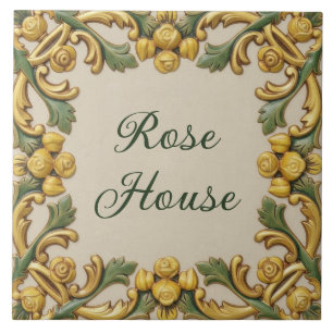 Golden Rose Flowers Custom House Name Plaque Tile