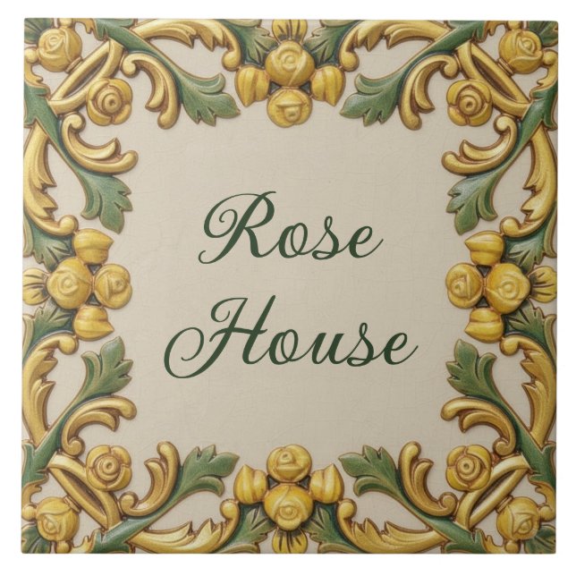 Golden Rose Flowers Custom House Name Plaque Tile (Front)