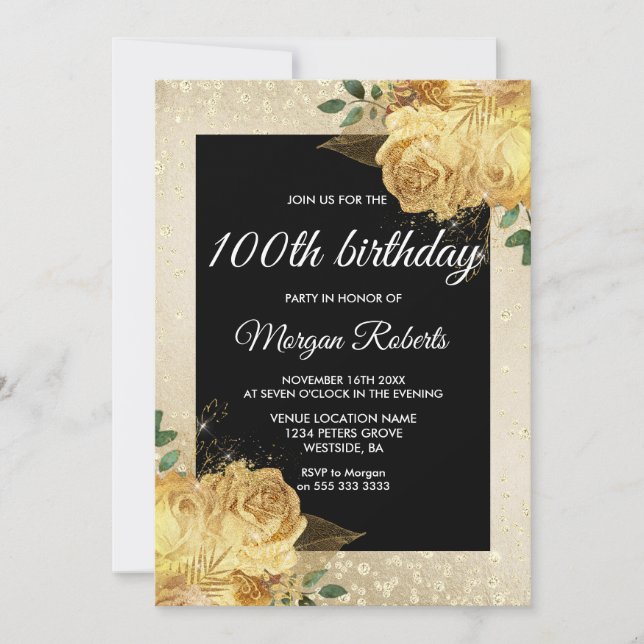 Golden Rose Glitter Floral 100th Birthday Party Invitation (Front)