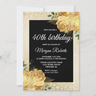 Golden Rose Glitter Floral 40th Birthday Party Invitation