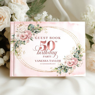 Golden Rose Gold Blush Greenery 50th Birthday  Guest Book