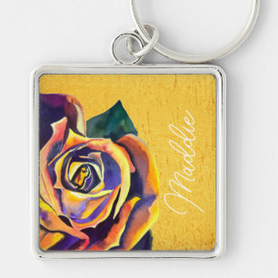 Golden Rose Gothic watercolor art Key Ring