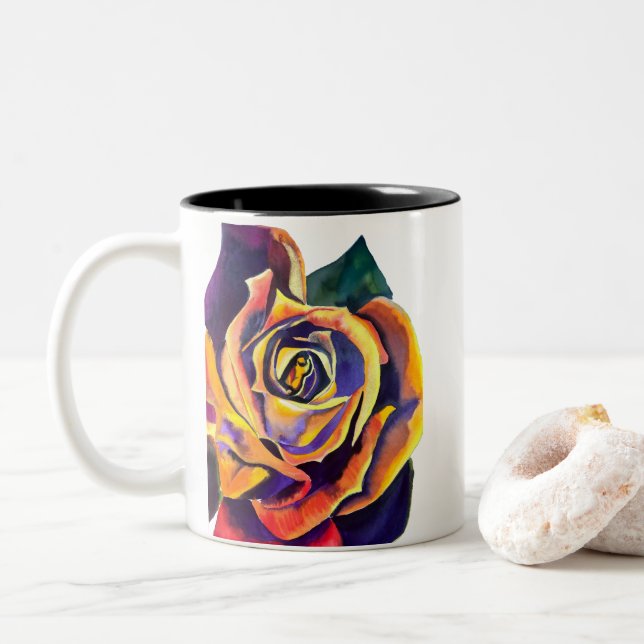 Golden Rose Gothic watercolor art Two-Tone Coffee Mug (With Donut)