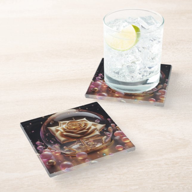 Golden rose in a globe glass coaster (Angled)