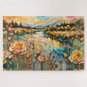 Golden Rose Mountain Valley Sunrise Jigsaw Puzzle