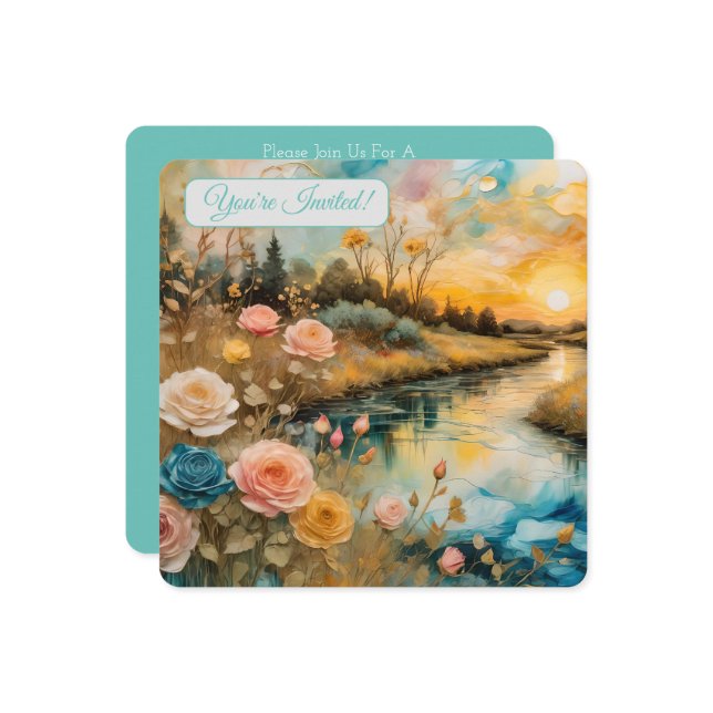 Golden Rose River Valley Sunrise Bridal V Invitation (Front/Back In Situ)