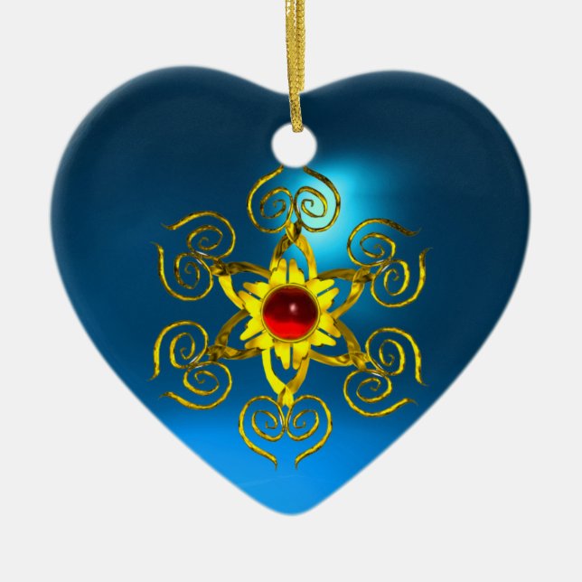 GOLDEN ROSE RUBY ,Blue Sapphire Heart Ceramic Tree Decoration (Front)