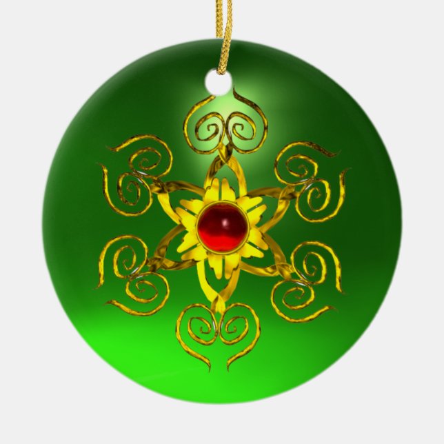 GOLDEN ROSE RUBY Green Emerald Ceramic Tree Decoration (Front)