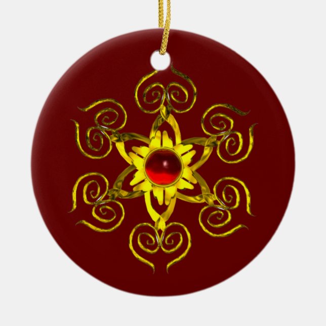 GOLDEN ROSE RUBY ,Red and Blue Ceramic Tree Decoration (Front)