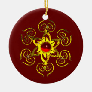 GOLDEN ROSE RUBY ,Red and Green Ceramic Tree Decoration