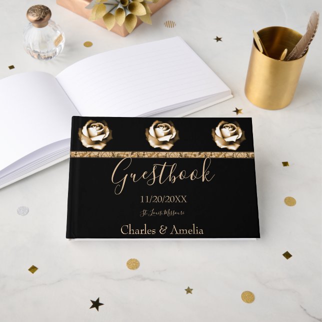 Golden Rose Wedding Day Guestbook (Front Open)