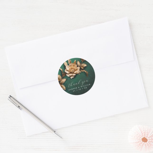 Golden rose wedding thank you classic round sticker (Envelope)