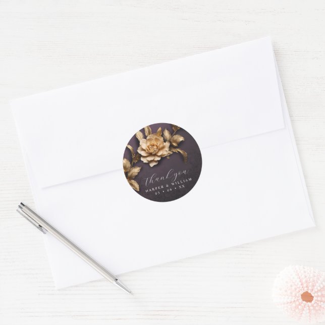 Golden rose wedding thank you classic round sticker (Envelope)
